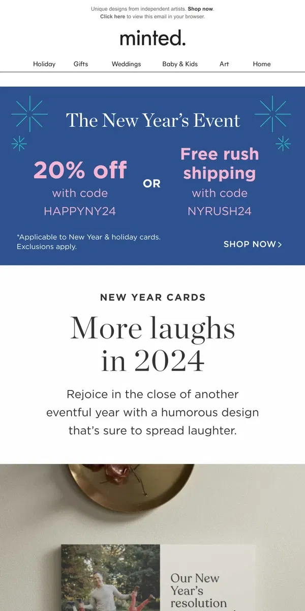 Email from Minted. 20% off funny New Year’s card