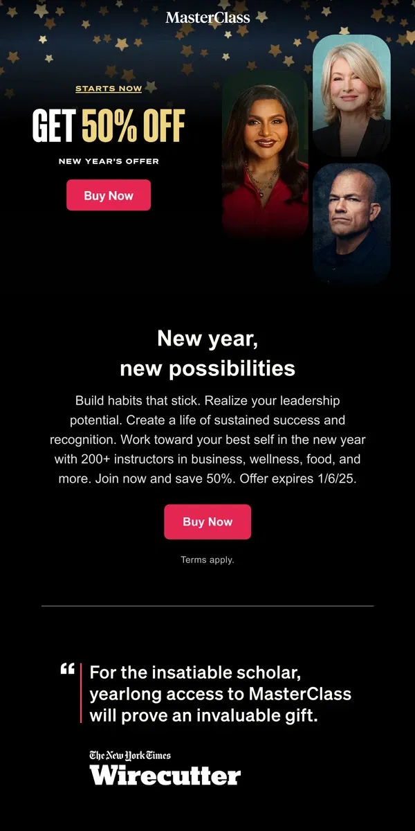 Email from Masterclass. New Year’s sale: 50% off