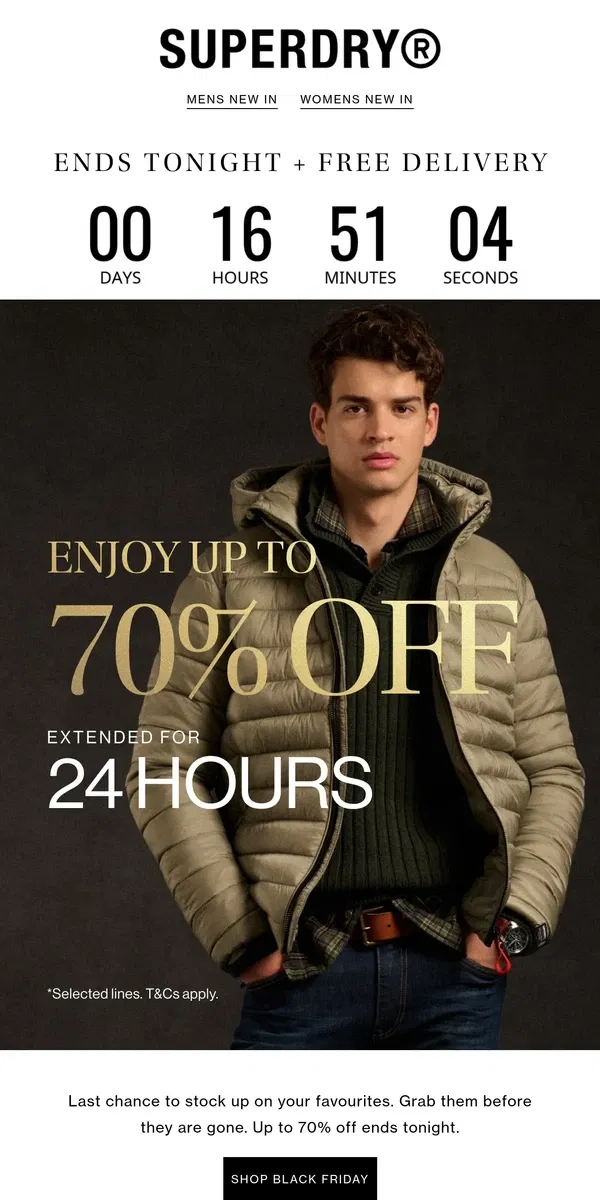 Email from Superdry. Extended for 24 Hours: Up to 70% Off Ends Tonight