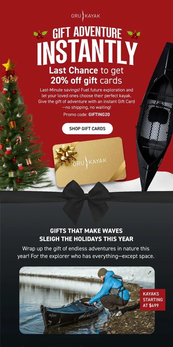 Email from Oru Kayak. Final Hours: 20% Off Digital Gift Cards 🎁