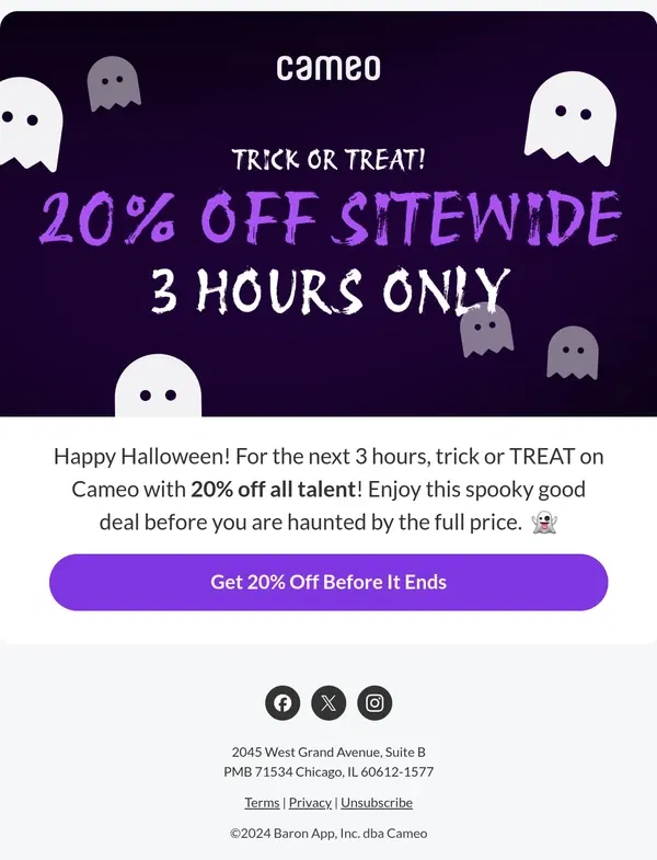 Email from Cameo. Trick or TREAT! 20% off all talent for 3 hours only!