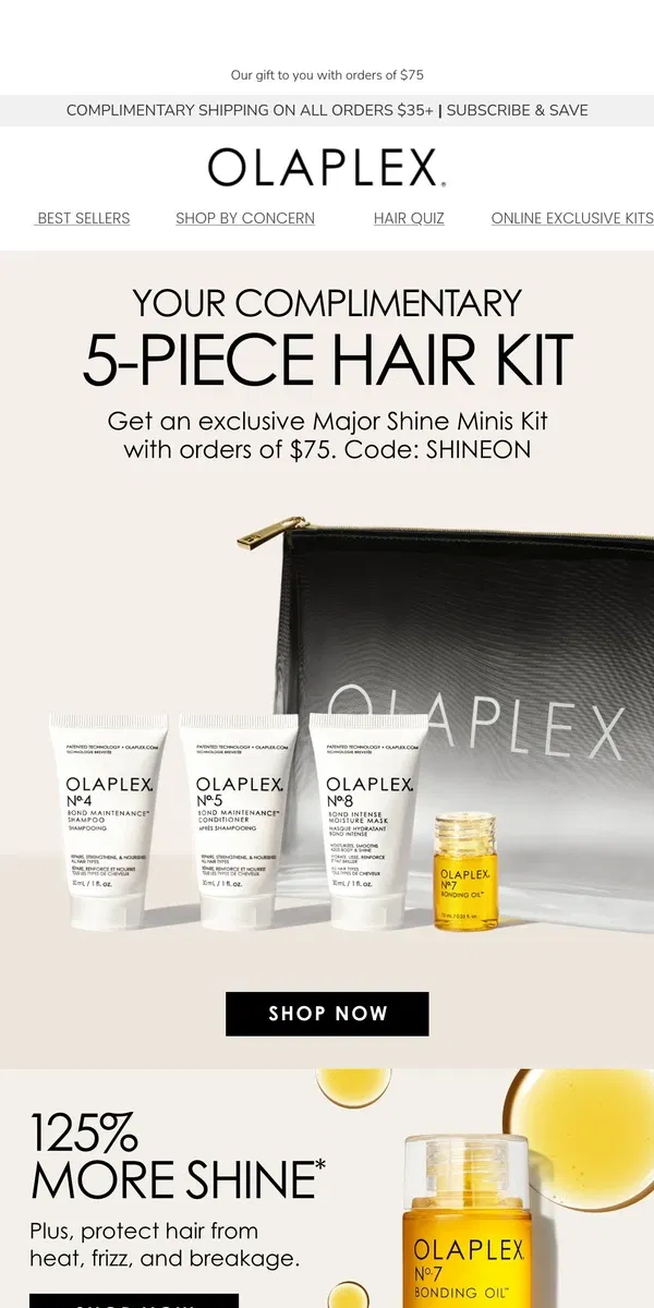 Email from OLAPLEX. Get a Complimentary 5-Piece Hair Kit