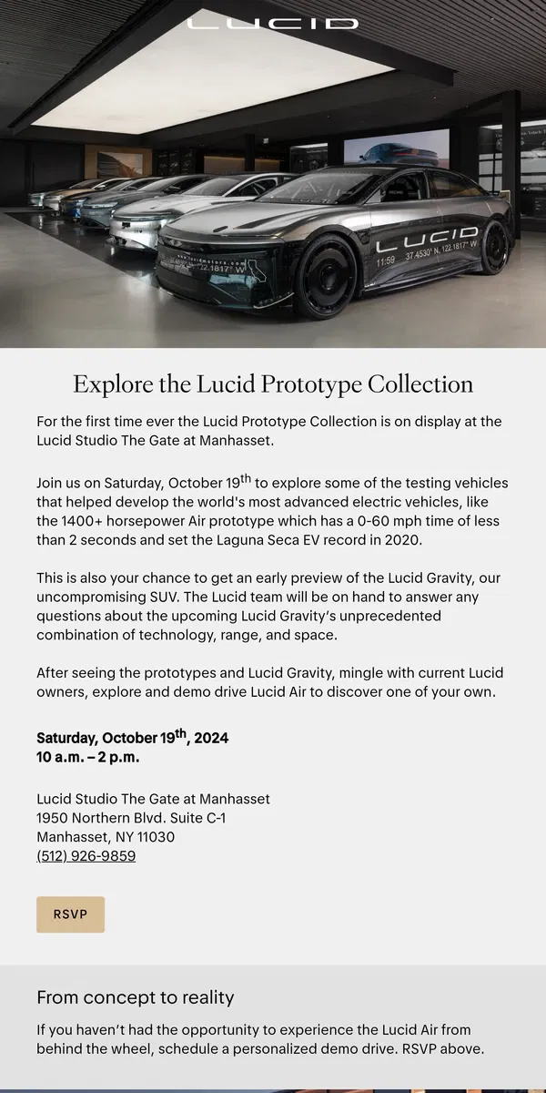 Email from Lucid Motors. Be one of the first to see the Lucid Prototype Collection in person