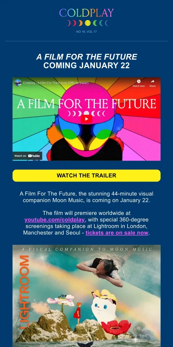 Email from Coldplay. Coming Jan 22 - A Film For The Future