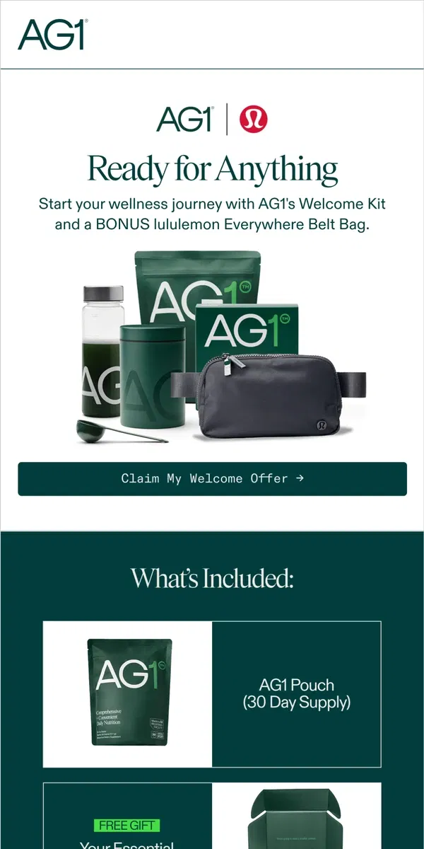 Email from AG1 by Athletic Greens. Almost sold out! Get a BONUS lululemon Bag with subscription