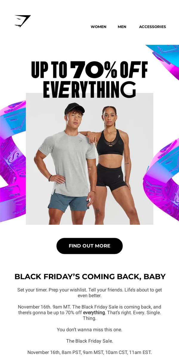 Email from Gymshark. The Black Friday Sale is coming back Nov 16th 👀