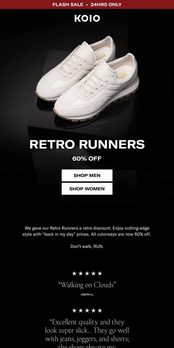 Email from Koio. Retro Runners are 60% off