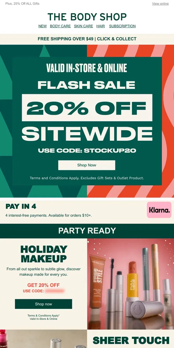 Email from The Body Shop. Don't wait, 20% OFF EVERYTHING!