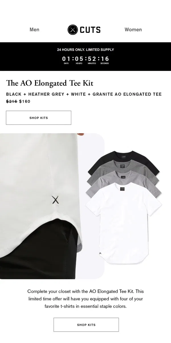 Email from Cuts. The AO Elongated Tee Kit (Limited Time Offer)