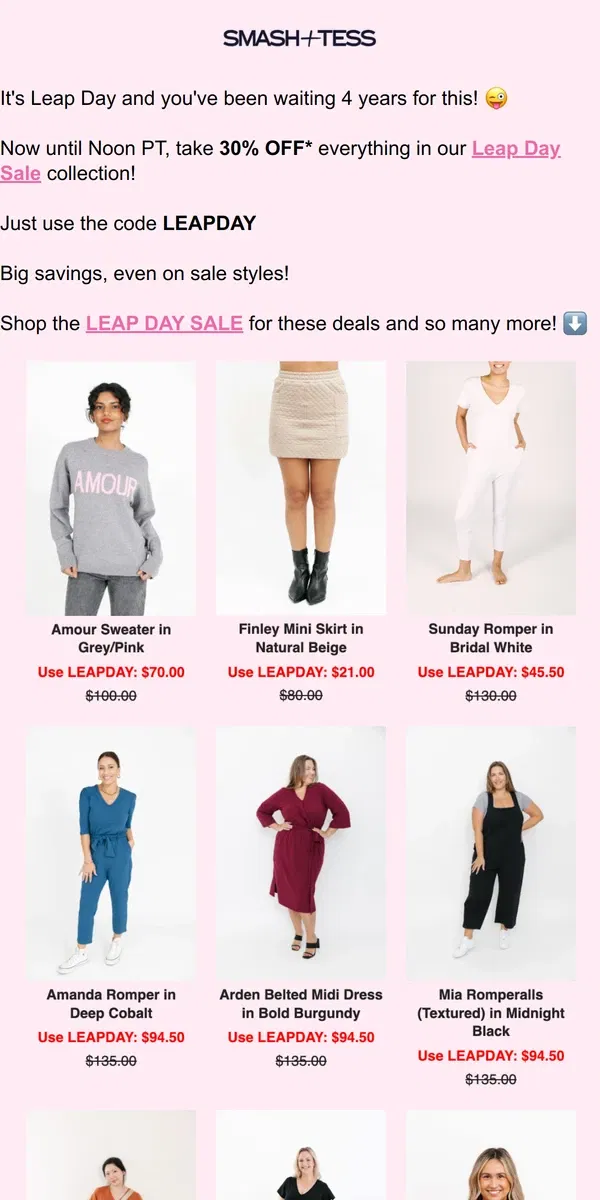 Email from Smash + Tess. Leap Into 30% OFF on Leap Day!