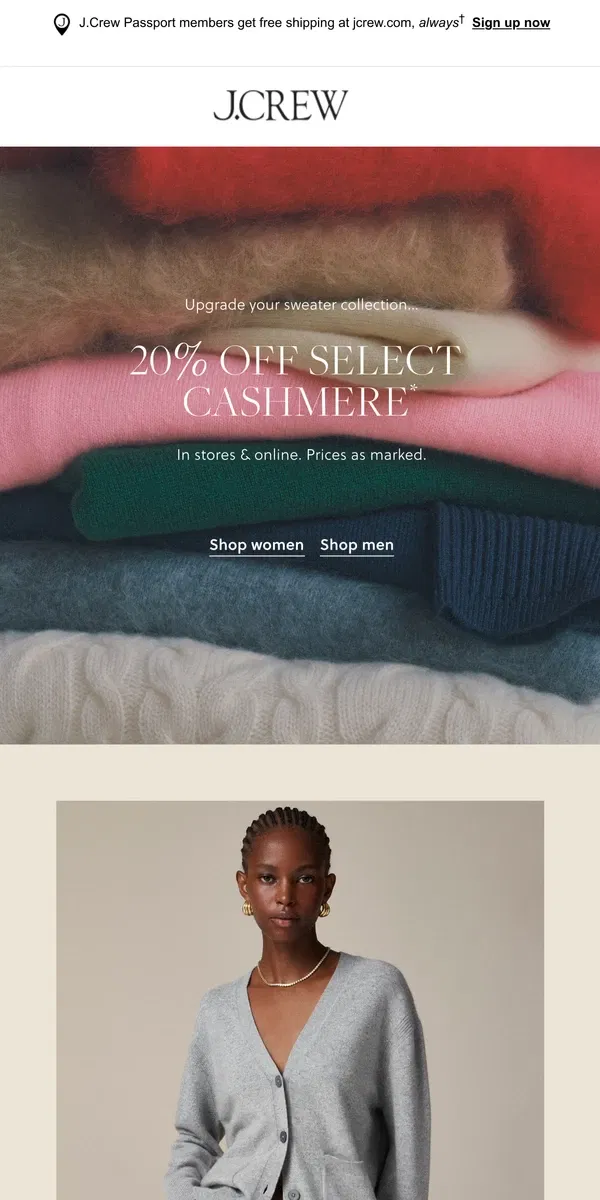 Email from J.Crew. Must-shop: 20% off cashmere