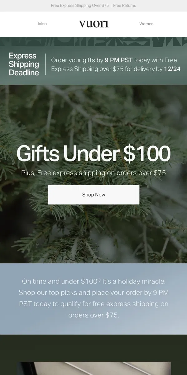 Email from Vuori. A Last Minute Gift: Presents Under $100