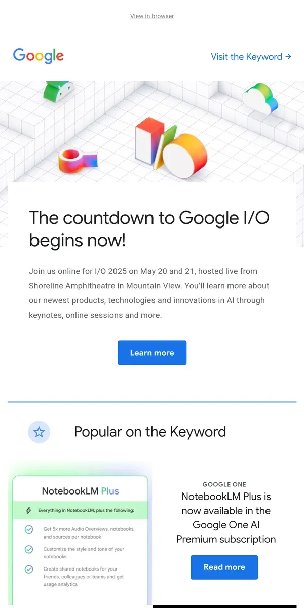 Email from Google. Save the date: Google I/O 2025