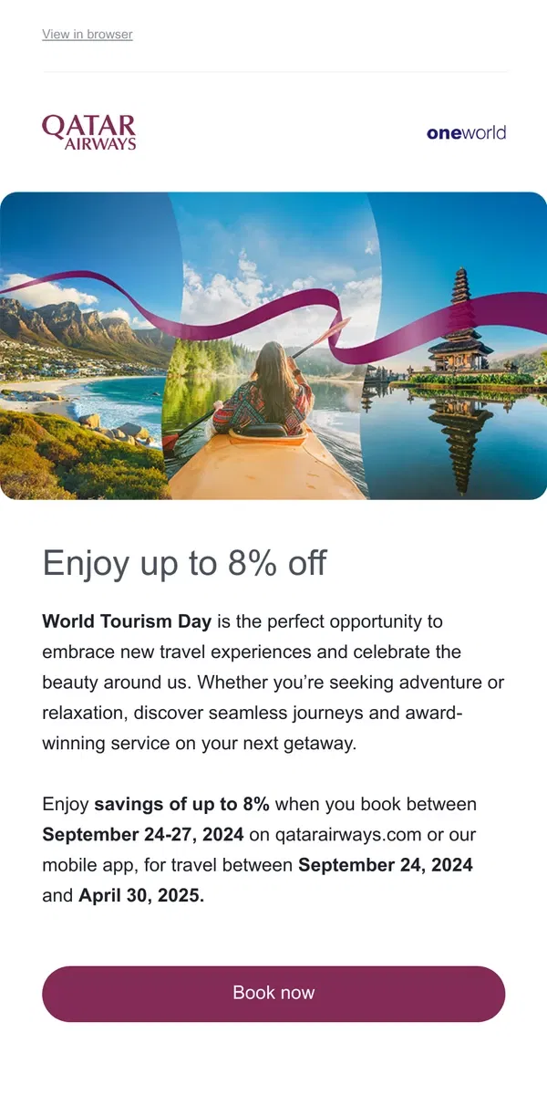 Email from Qatar Airways. Uncover new destinations this World Tourism Day