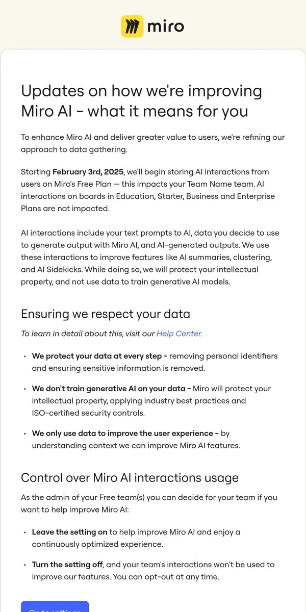 Email from Miro. Enhancing Miro AI: What You Need to Know