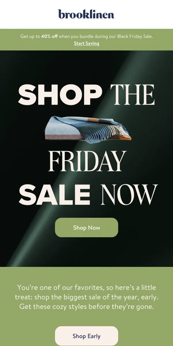 Email from Brooklinen. Oh Sheet! The Black Friday Sale is ON