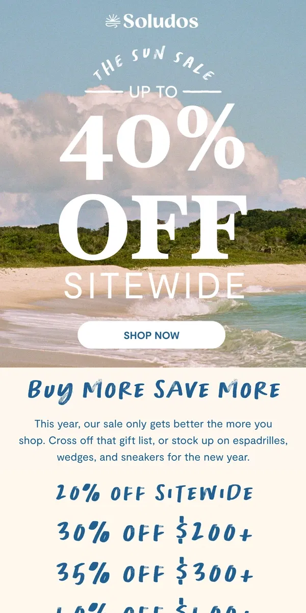 Email from Soludos. Save Up to 40% Sitewide!