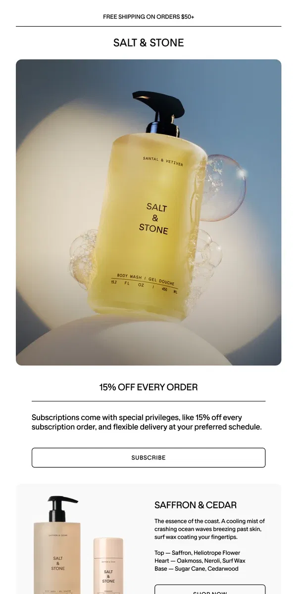 Email from SALT & STONE. 15% Off for Subscribers, Always