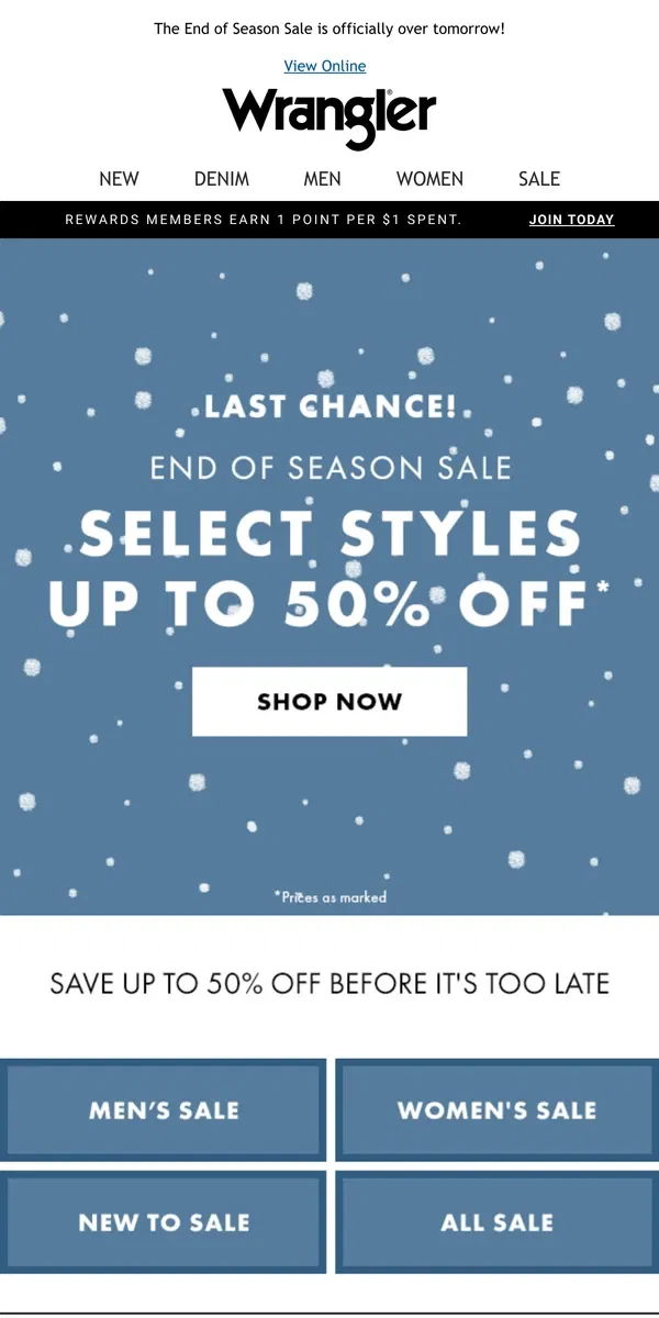 Email from Wrangler. Only 2 days left: Up to 50% off