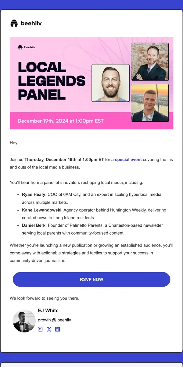 Email from beehiiv. This Thursday: Learn from Industry Leaders Transforming Local Media