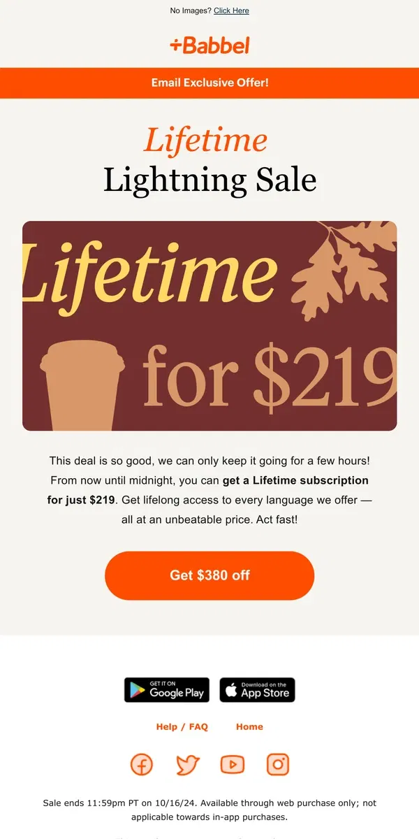 Email from Babbel. LIGHTNING DEAL ⚡️ Lifetime is $219