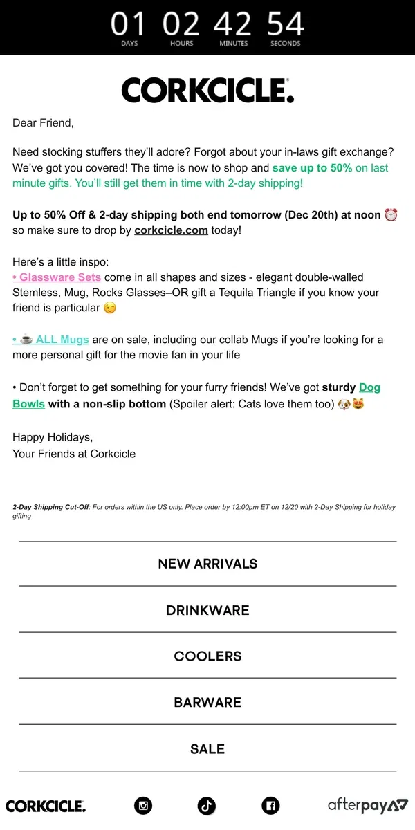 Email from CORKCICLE. 2-Day Shipping and Up To 50% Off Ends Tomorrow!