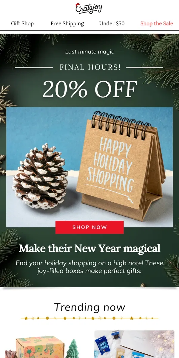 Email from Cratejoy. Hours left: 20% off one-of-a-kind magic ⭐