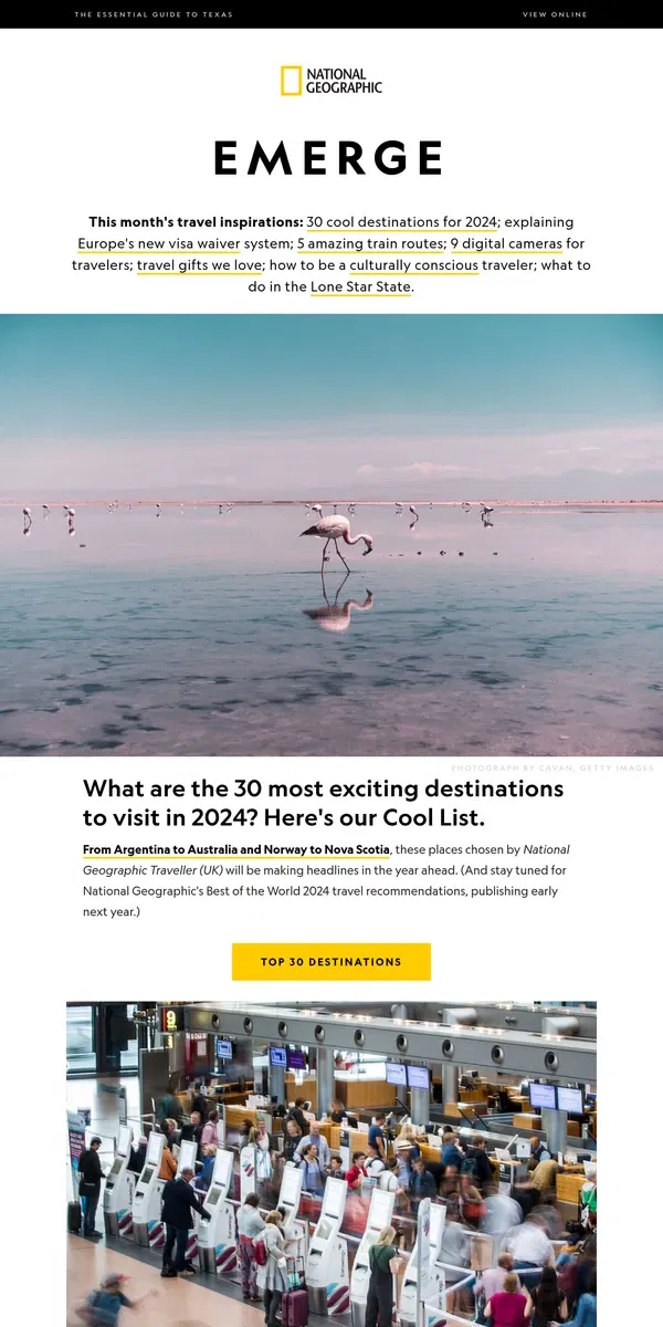 Email from National Geographic. 30 cool trips for 2024; Europe's new visa waivers; 5 weekend train trips