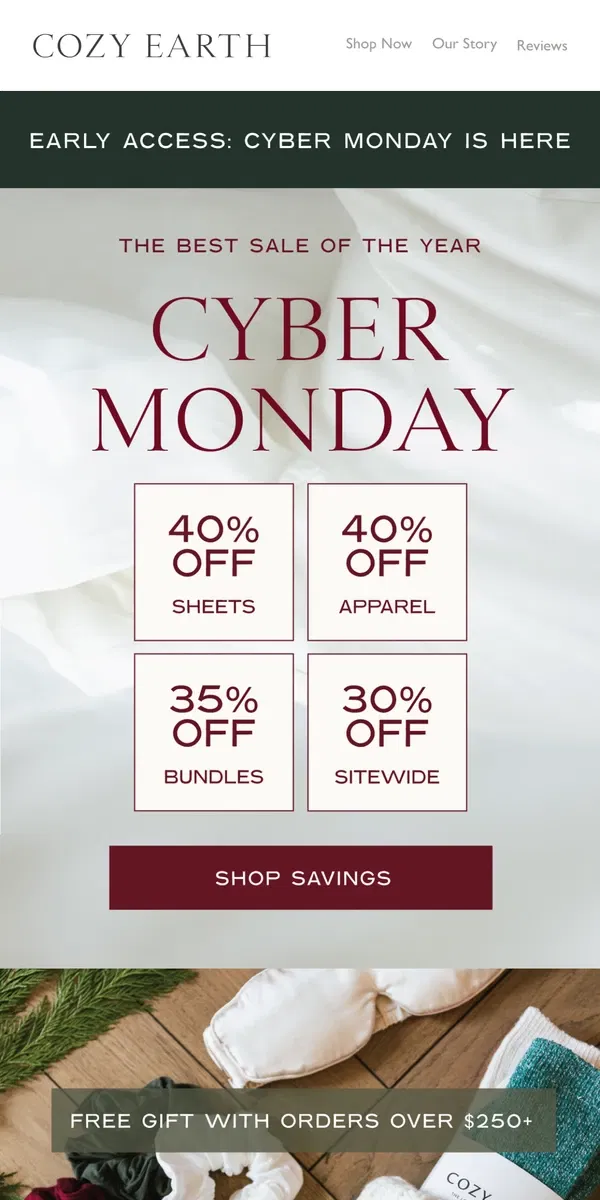 Email from Cozy Earth. Cyber Monday is FINALLY Here!