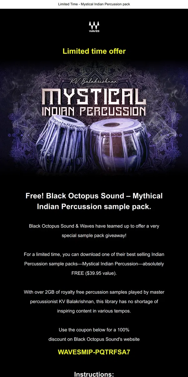 Email from Waves Audio. Free Sample Pack from Black Octopus Audio