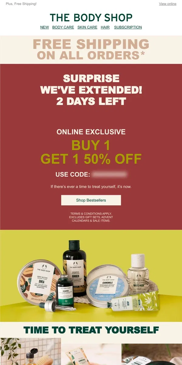 Email from The Body Shop. Surprise! Sale Extended Buy 1 Get 1 50% Off