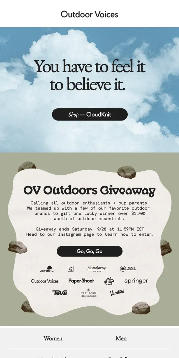 Email from Outdoor Voices. CloudKnit is back in stock.