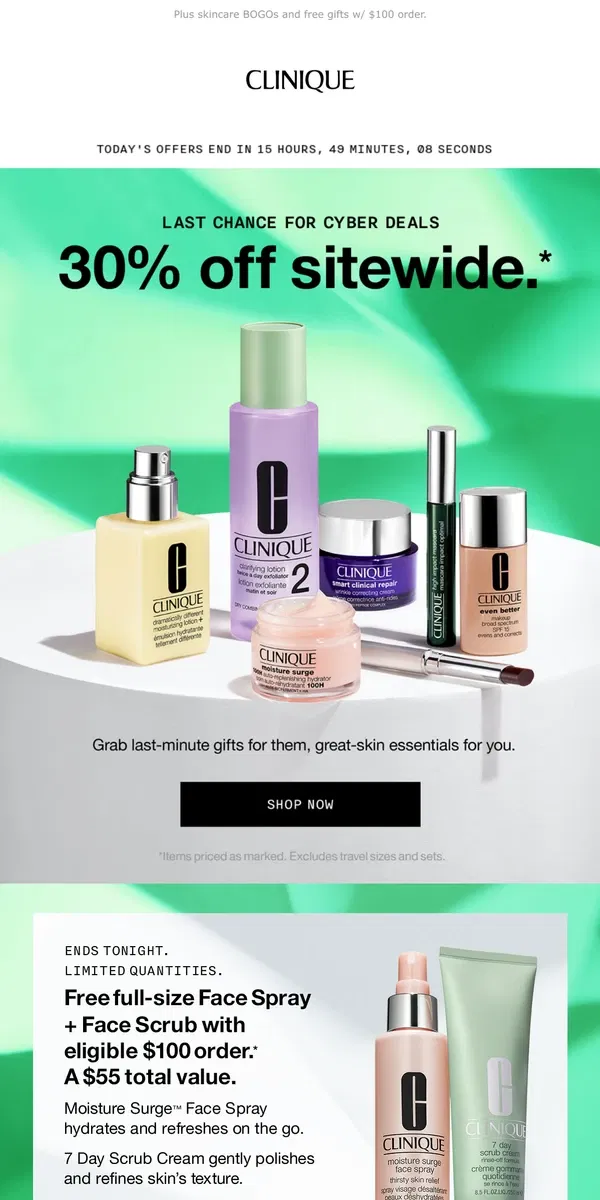 Email from Clinique. LAST CHANCE. Up to 50% off makeup, serums, eye creams.