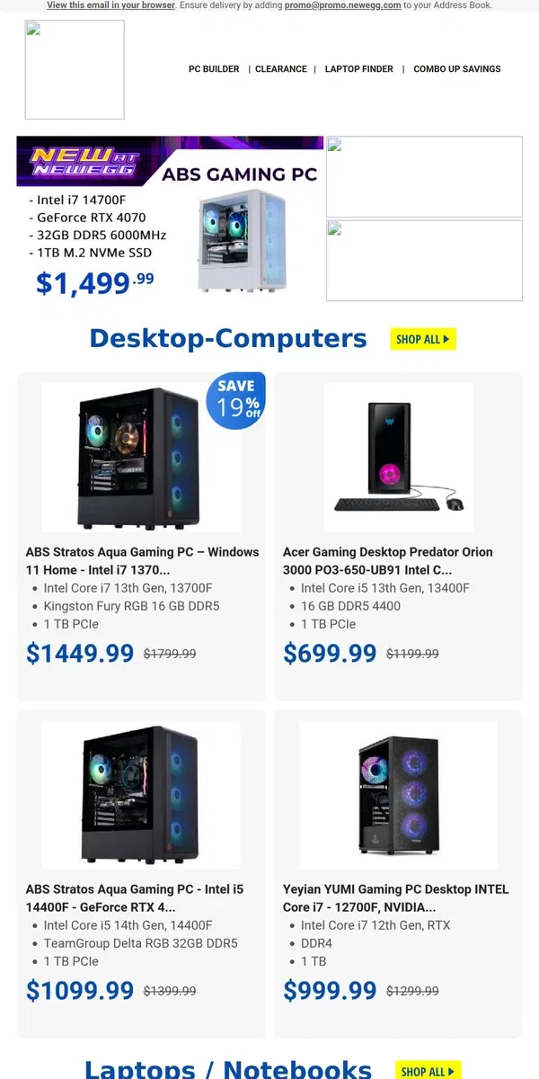 Email from Newegg. $699.99 Acer Gaming Desktop i5 13th! $559.99 Acer Laptop Core i7!