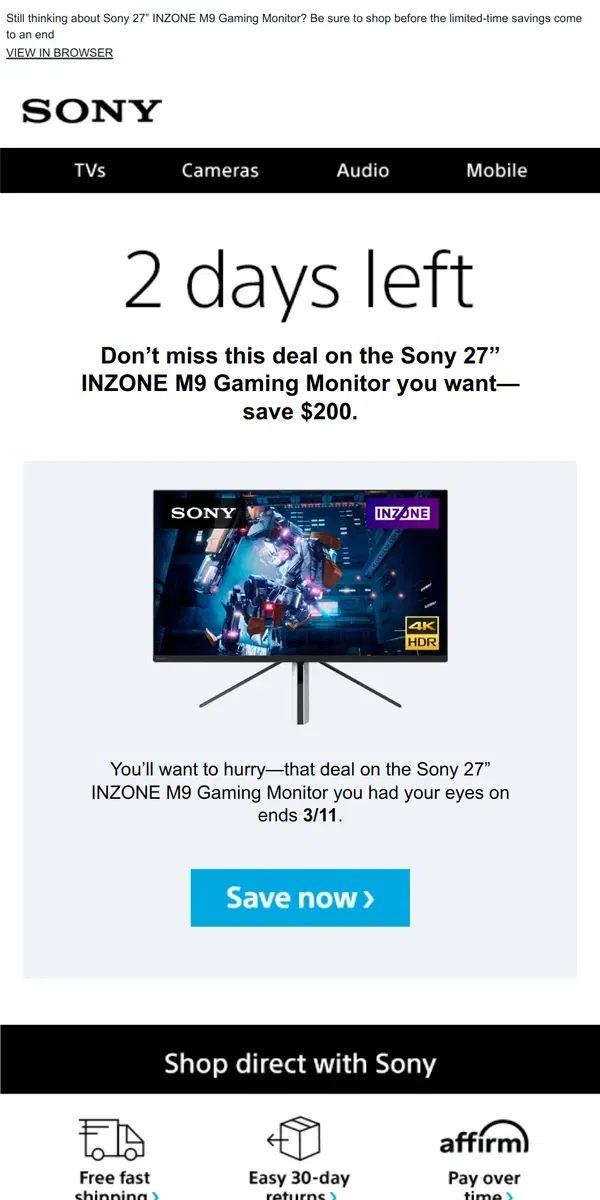 Email from Sony. Savings End Soon | Get What You Wanted for $200 Off