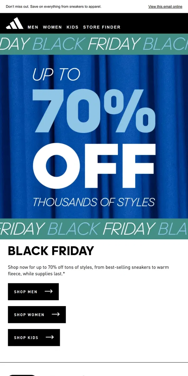 Email from Adidas. Get up to 70% off during the Black Friday sale