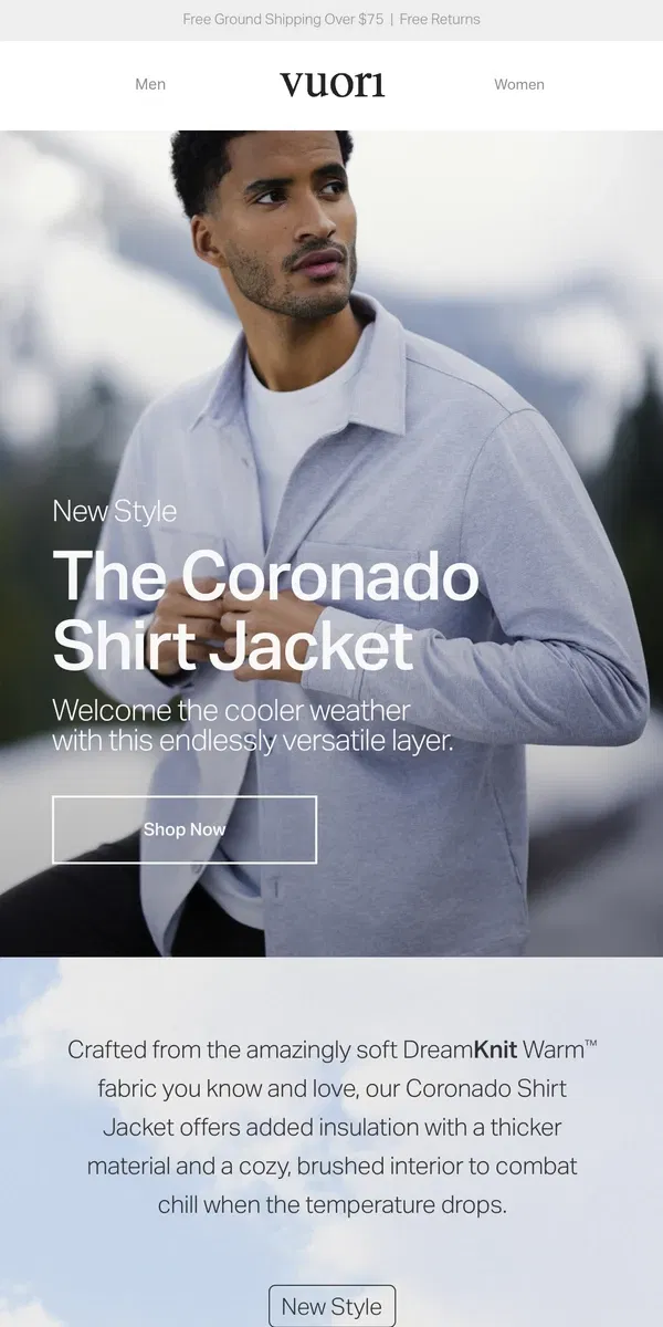 Email from Vuori. Discover Your Fall Staple: The Coronado Shirt Jacket