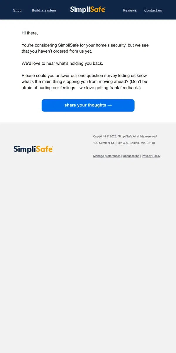 Email from SimpliSafe. Please be blunt