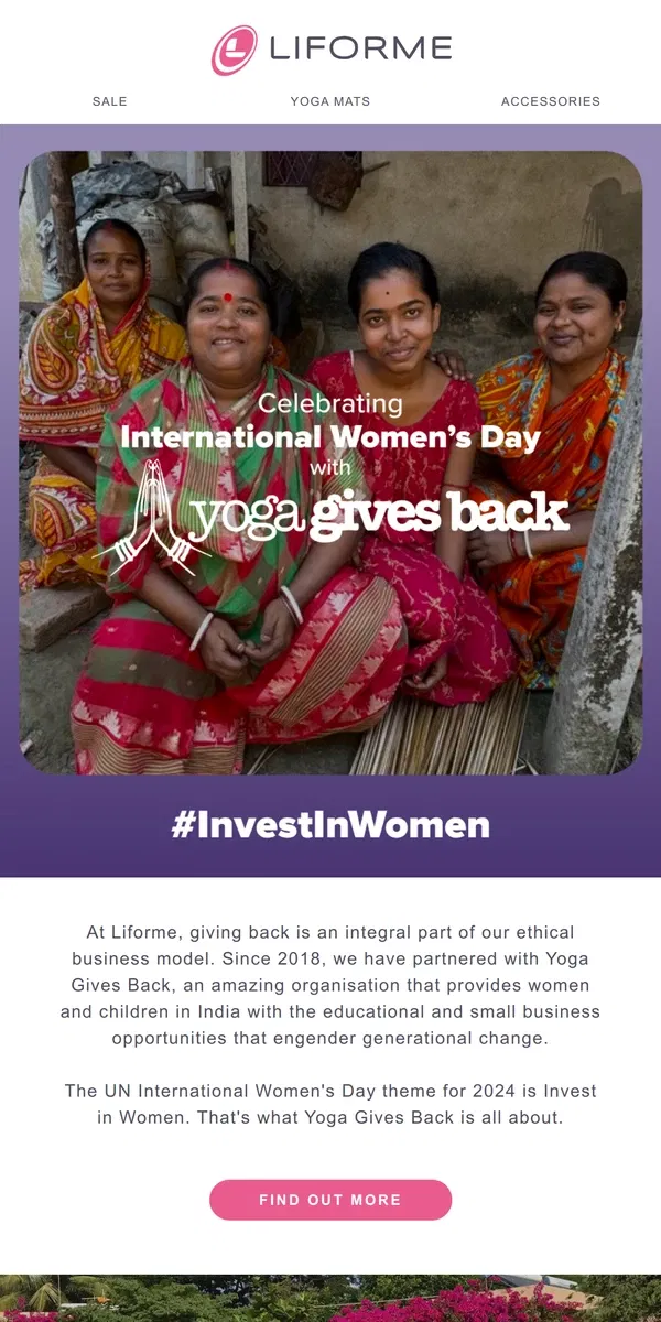 Email from Liforme. Celebrating International Women's Day with Yoga Gives Back