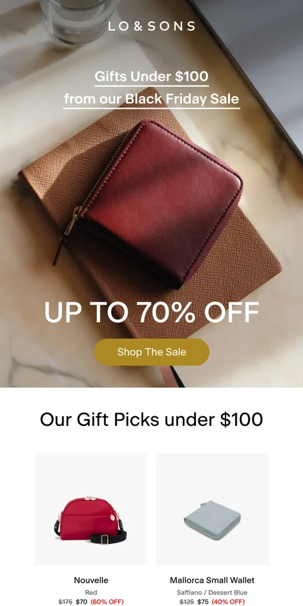 Email from Lo & Sons. Gifts &lt;$100 in our Black Friday sale 🛍️