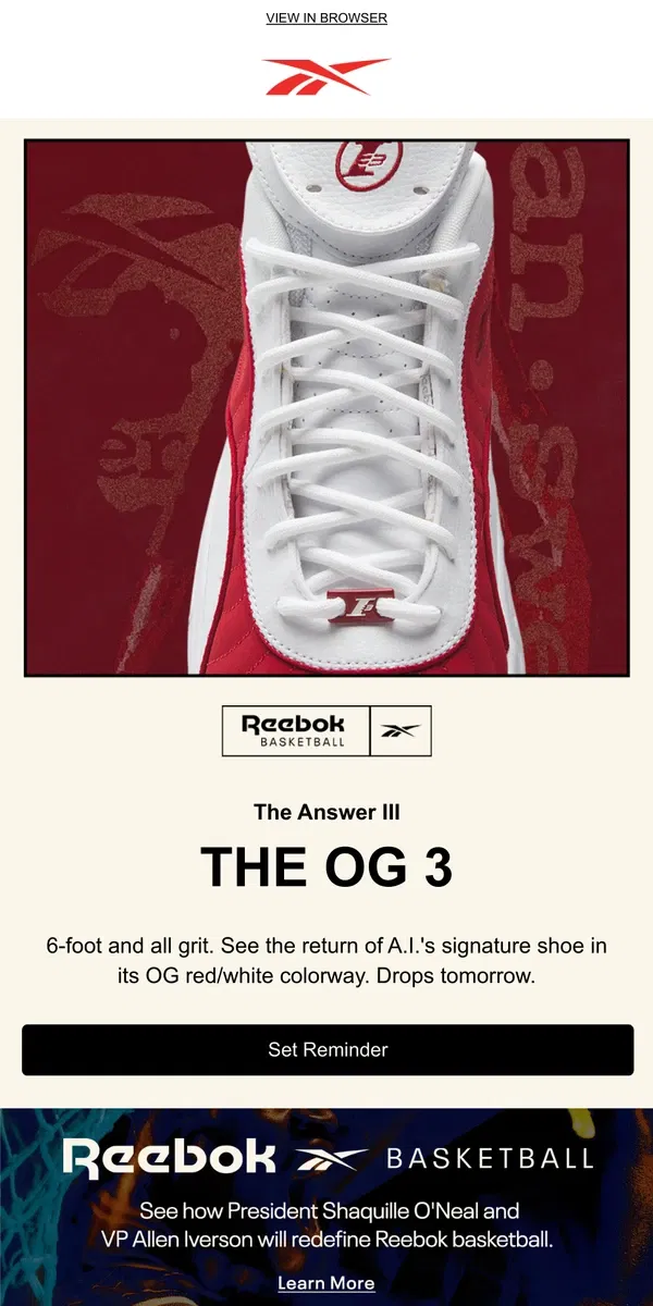 Email from Reebok. Drops tomorrow: The Answer III