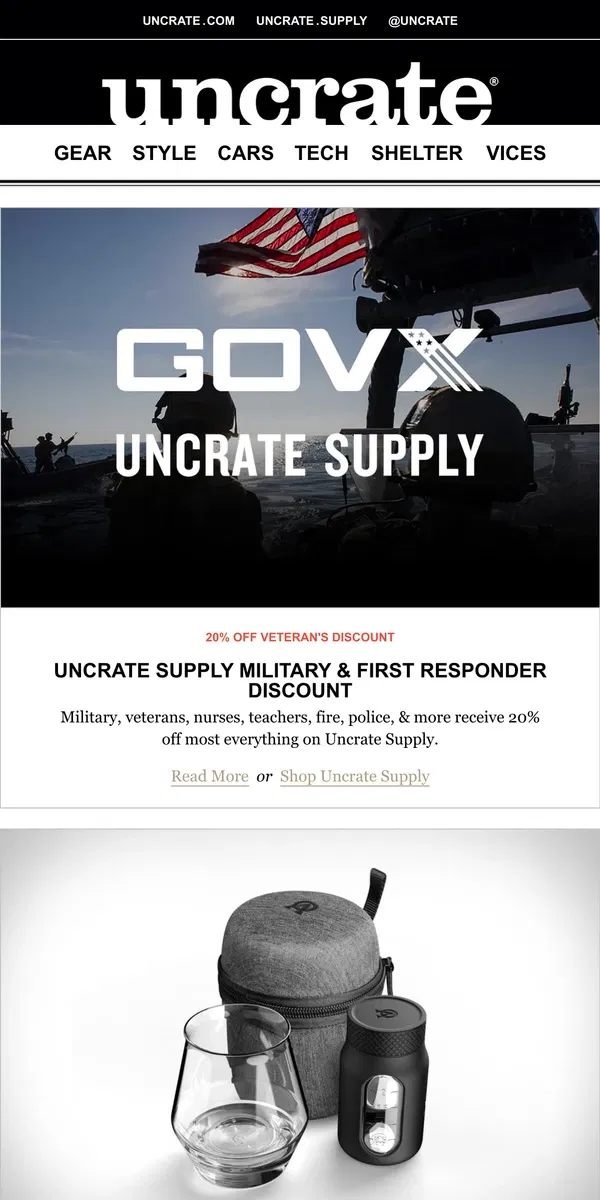 Email from Uncrate. Uncrate Supply Military & First Responder Discount & more