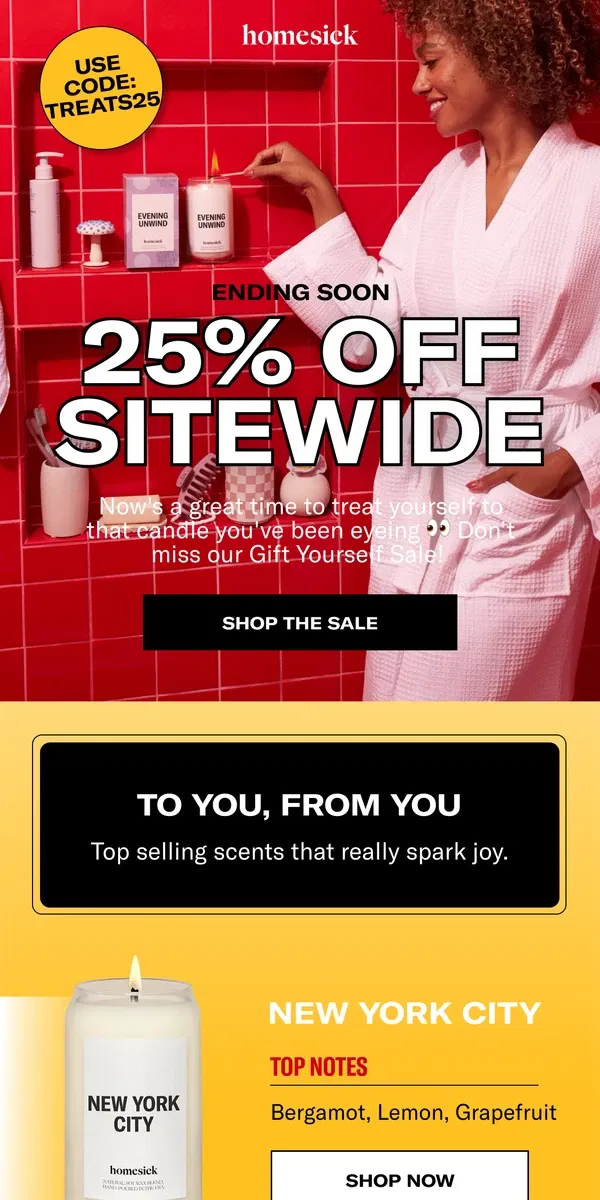 Email from Homesick Candles. 25% OFF 🤯