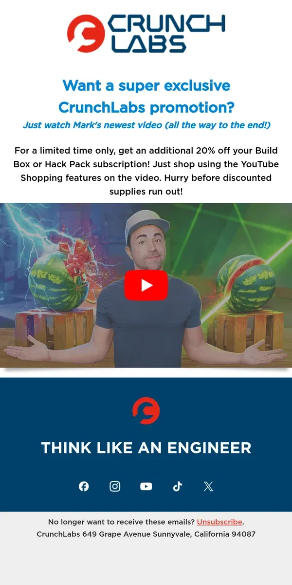 Email from CrunchLabs. Limited Time Only Discount in Mark's Latest Video