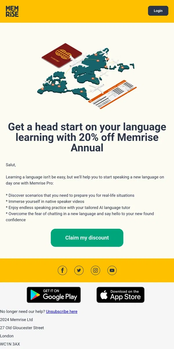 Email from Memrise. 48 hrs left to get 20% off annual Memrise Pro