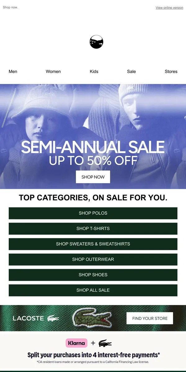 Email from Lacoste. 🚨 BEST CATEGORIES. UP TO 50% OFF.