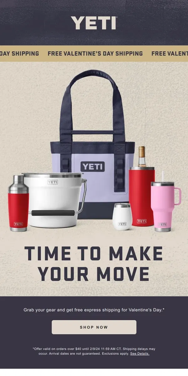 Email from YETI. Get Valentine’s Day Shipping On Us