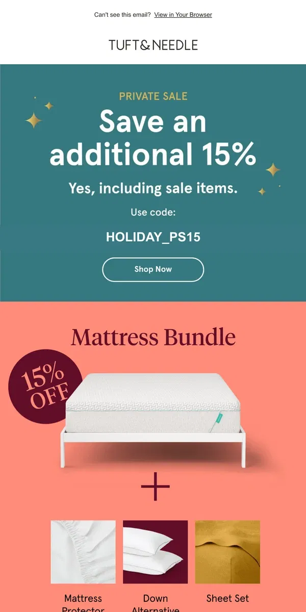 Email from Tuft & Needle. BIG savings on special sleep bundles