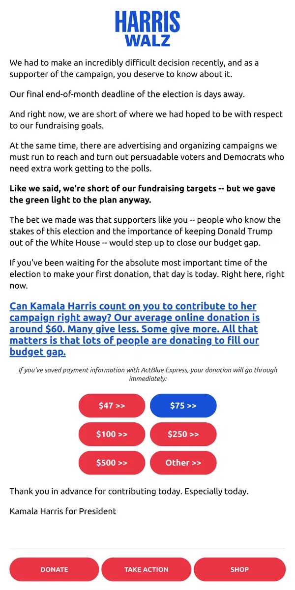 Email from Kamala Harris. An incredibly difficult decision: