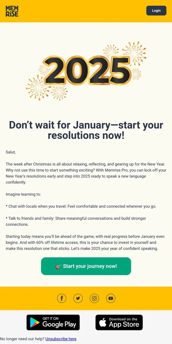 Email from Memrise. 🎉 Get ahead of your New Year’s goals—60% off lifetime Pro!